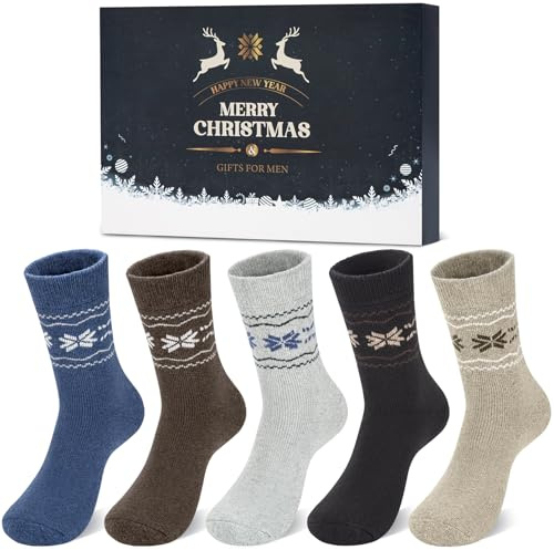 Chalier Cozy 5 Pares de Calcetines Térmicos para Hombre, Calcetines Gruesos y Cálidos de Lana para el Frío Invierno, Calcetines para Botas para Caminar, Trabajo de Negocios, con Caja de Regalo
