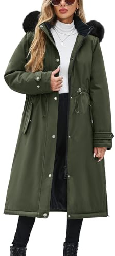 CMTOP Cappotto Donna Invernale Lungo Fodera in Pile Ispessito Idrorepellente Antivento Parka, Calda Elegante Giubbotto Imbottita Giacca con Cappuccio Rimovibile, Zip e Tasche(Verde Oliva,L)
