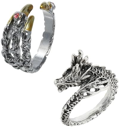 Wasise Anello a forma di drago – 2 anelli regolabili da uomo, anelli gotici, anello punk aperto con drago e artiglio, regalo punk per uomini, set di gioielli da uomo, gioielli con artiglio per nocche