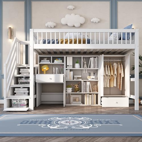 KUIKUI High Sleeper Bed, Loft Bed with Desk, Wardrobe, Bookshelves and Storage Stairs, No Mattress Included, 90x190cm, White