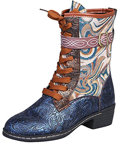 Women's Half Boots with Heel - Women's Ankle Boots Retro Elegant Ethnic Traditional Shoes Lace Up Ankle Boots with Buckles Western Boots Embroidered Transition Boots Cowboy Boots Half Boots Riding