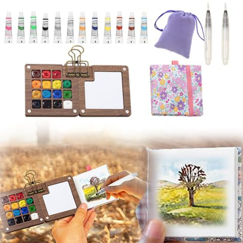 6 Pcs Mini Watercolour Paint Set Travel, 15 Grids Portable Travel Paint Set | Travel Watercolour Set Lid Foldable Wooden Palette, Sketchbook, Clip, Pens, Storage Bag for Painting Lovers Artists Beginners