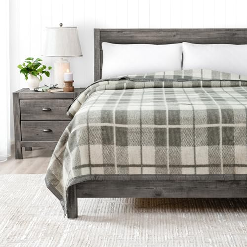 Poyet Motte Rivoli Solid 400GSM 100% Virgin Wool Blanket, Medium/Heavy Weight, Machine Washable (Grey Natural Plaid, Full/Queen Size)