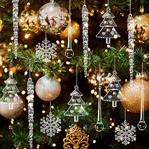 HERZWILD 40 Stück Kunststoff Weihnachtsbaum-Anhänger - Eiszapfen, Schneeflocken, Bäume, Stöcke und Seil - Dekoration für Weihnachten