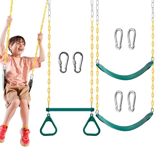 TURFEE 3 Pack Assorted Swing Set, Including 1 Gym Rings Trapeze Bar and 2 Pcs Swings with Plastic Coated Chain, Swingset Accessories Replacement for Kids Outdoor Play, Playground- Green