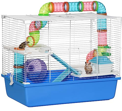 PawHut Hamster Cage w/Tubes Exercise Wheel, Water Bottle, Food Dish - Blue