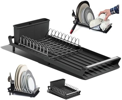 Clove Abtropfgestell Geschirr Klein Schwarz Geschirrabtropfgestell mit Abschüssigem Boden zum Spüle Geschirrtrockner Rostfrei Schmal mit Besteck Halter Kunststoff 20cm (Schwarz)