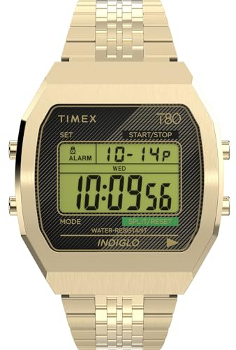 Timex T80 Unisex-Armbanduhr, 36 mm, goldfarbenes Edelstahlarmband, digitales Zifferblatt, goldfarbenes Gehäuse TW2V74300