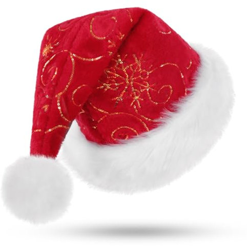 CITÉTOILE Erwachsener Weihnachtsmütze, Blattmuster mit Silberstickerei, Lange Pelz Krempe und Pelz Ball Weihnachtshut, Plüsche Nikolausmütze für Damen und Herren, Rot