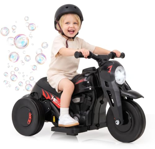 OLAKIDS Kids Motorcycle, 6V Electric Ride On Car with Automatic Bubble Function, Foot Pedal, Headlight, Music, 3 Anti-Skip Wheels Vehicle for Children, Toddler Ages 3+ (Black)