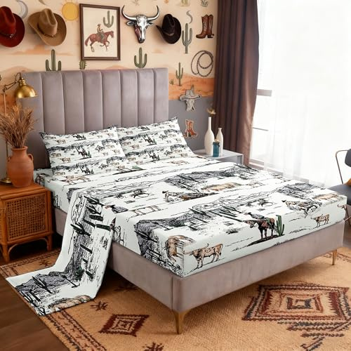 Western Cowboy Sheet Set King Size,Vintage Southwest Style Bed Sheets Desert Cactus Cow Horse Animals Bedding Set for Kids Boys Girls Adult Room Decor,Grey Brown White Fitted + Flat Sheet 4Pcs