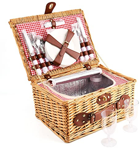 EIRONA Willow Hamper Picknickkorb für 4 Personen mit isoliertem Kühlfach und wasserdichter Decke, Besteckservice-Set, Picknickkörbe aus Korbgeflecht, Picknickkorb-Sets
