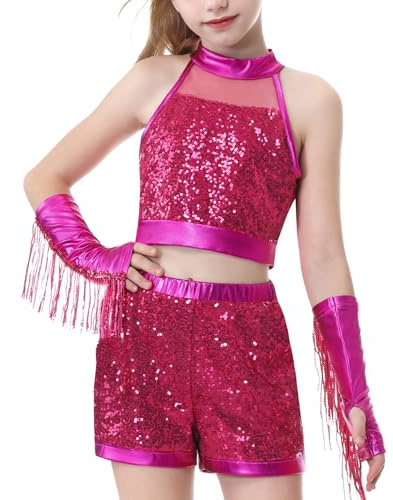 LOLANTA Traje Lentejuelas Niña Hip Hop, Top Sin Mangas y Short para Baile | Conjuntos de lentejuelas, trajes hip hop, ropa de baile brillante, para presentaciones en el escenario y competencias