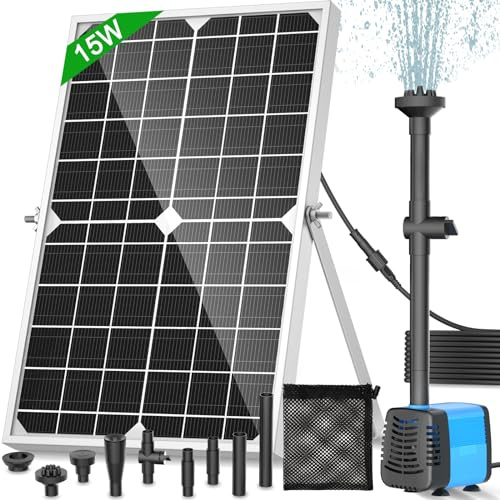 FEOXSHAL Solar Fountain Pump, 15 Watt Solar Powered Water Pump 190GPH Flow Adjustable with 4 Style Sprayers & Barrier Bag for Outdoor Ponds, Water Features, Fish Tank, Waterfall, Hydroponics, Pool