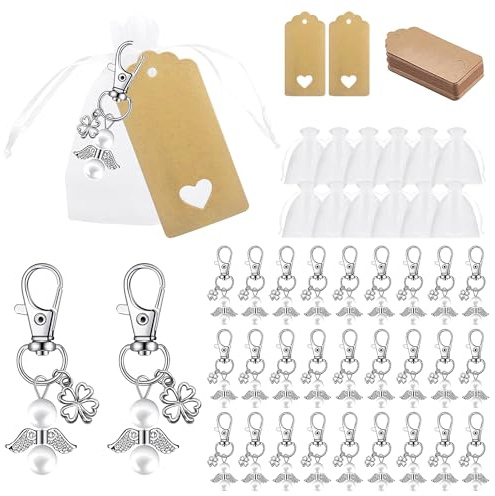 30 Stück Schutzengel Schlüsselanhänger mit Kraftpapier Anhänger und Organza Beutel, Schutzengel Anhänger Taufe, Schlüsselanhänger Engel Set für Kommunion, Weihnachten, Hochzeit