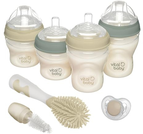 Vital Baby Nurture Breast-Like Starter Set 0m+ Baby Feeding Bottles Self-Sterilising, Anti-Colic, Slow Flow Teats, EarthSmart Biodegradable Includes Bottles, Teats, Brush & Soother BPA-Free
