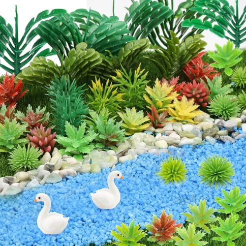 QUOZUO Lot de 82 plantes miniatures - Arbres miniatures - Paysage de train - Forêt tropicale - Accessoires de jardin - Modèle de chemin de fer - Rivière - Sable - Mini plantes artificielles - Parc
