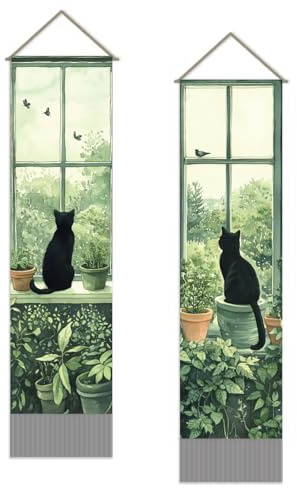 SUPERDANT 2 pz. arazzo con Gatto Nero e Finestra Moderno Verde Da Appendere Alla Parete con Nappe Verticali Lunghe e Pali Corde Decorazione per casa Soggiorno Appartamento Hotel 130x33cm