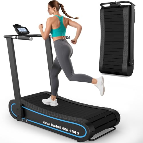 HXD-ERGO Handböjt löpband, utan motor, 120 x 40 cm, 150 kg, ökad kaloriförbränning, vikbar med hjul, LCD, kompatibel med interaktiva applikationer