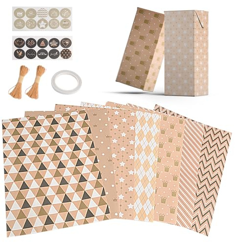 Juego de 7 hojas de papel de regalo brillante – patrón triangular minimalista 50 x 70 cm, papel de embalaje para cumpleaños, bodas y días festivos, incluye cordón, pegatinas y cinta adhesiva