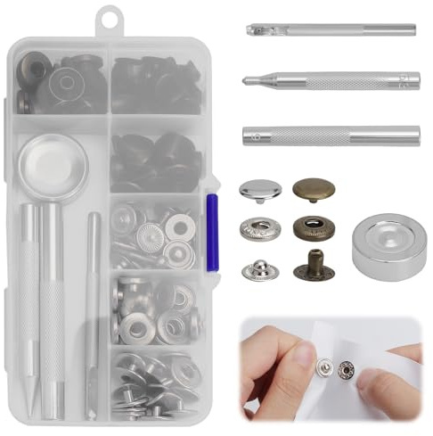 WOKICOR Kit de Herramienta de Botón 12mm, 30 Sets Corchetes de Presión Metálicos, Botones Presión Metalicos para Cuero, Chaquetas, Jeans, Bolsos y Artesanía, Colores Bronce y Plata