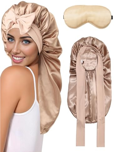 SECRET AROMA Gorro Largo para Dormir de Doble Capa, elástico, de Seda, con Antifaz, para Mujeres con Cabello Rizado