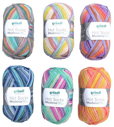 6x 100g Mix Sortiment Sockenwolle Paket Gründl Hot Socks Madena | 600g Sockenwolle sortiert | Wollpaket Strumpfwolle