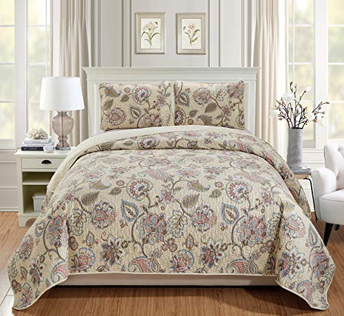 Better Home Style 3 Piece Beige Taupe Pink Green Blue Luxury Lush Soft Floral Flowers Paisley Printed Design Quilt Coverlet Bedspread Oversized Bed Cover Set # Hilton (King/Cal-King)