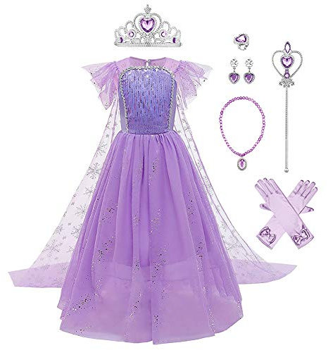 Enfant Princesse Elsa Costume Déguisements Filles Reine des Neiges Robe de Soirée Carnaval Halloween Cosplay Noël Cérémonie Fête d'anniversaire Tutu Tulle Robe Longue avec Accessoires Violet 4-5 Ans