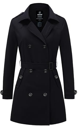 Wantdo Damen Zweireihige Knopfverschlüsse Mäntel Mittellang Slim Fit Jacke Dünn Winter Cabanjacke Zweireiher Trenchcoat Mantel Schwarz L