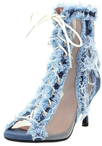 SHEMEE Women's Peep Toe Denim Patchwork Mesh Stiletto High Heels Ankle Boots Lace Up Summer Open-toe Sandals Booties with Back Zipper(7cm heel, us 7)