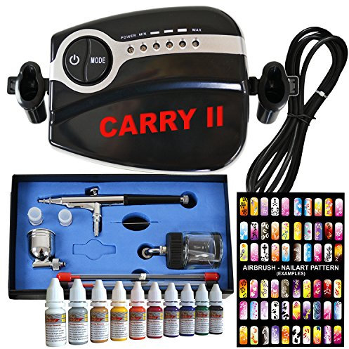 Kit complet de compresseur d'aérographe - Mini compresseur Carry II II Nail Set – avec couleurs d'ongles et kit de pochoirs, pistolet aérographe universel Dauble Action avec aiguilles et buses 0,2