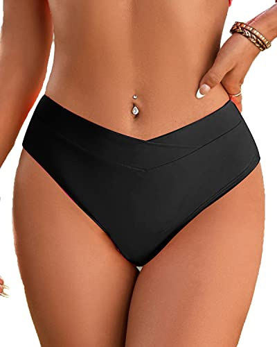 Fanuerg Women's Bikini Bottom Cross V Cut Front Swimsuit Full Coverage Bathing Suit Bottoms Black L