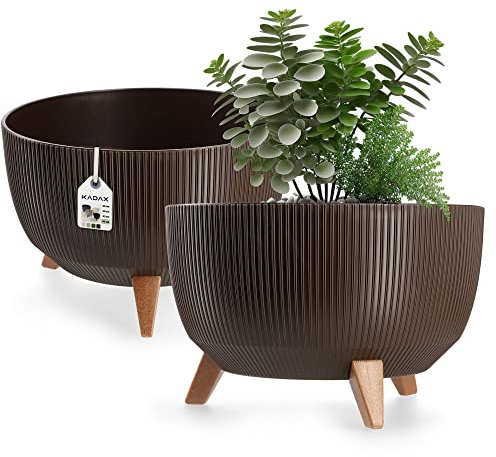 KADAX Vaso Rialzato 40 cm in Plastica per Piante da Interno ed Esterno, Coprivaso Decorativo con Piedistallo Simil-Legno e Design Moderno (Marrone)