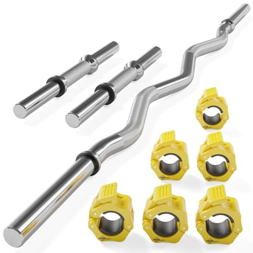 POUDI SPORT 1 barre curl EZ de musculation 120cm + 2 barres d’haltères 40cm + 6 colliers de serrage | Ø 28mm ou 30mm | Acier chromé (Diamètre manchons : 28mm, Stop-disques jaunes)
