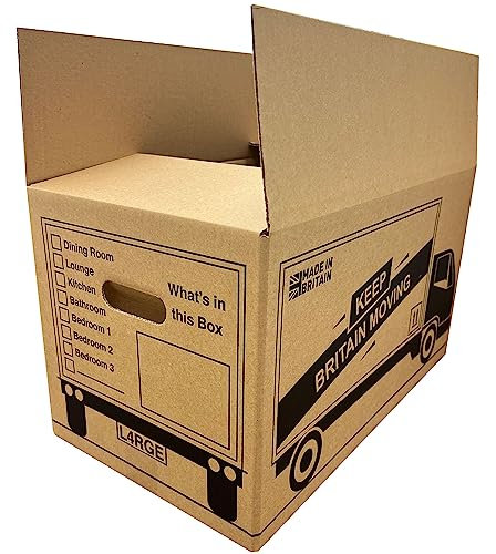 5 x House Moving Strong Large Cardboard Boxes Storage Packing 47cm x 31.5cm x 27cm 44 Litres Strong Carry Handles and Printed Room Tick List