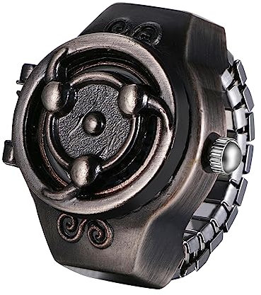 JewelryWe Ringuhr Fingeruhr Herren Uhren - Schwarz Vintage Analog Quarz Elastisch Edelstahl Ring Uhr Männer Fingerringuhr Uhrenring für Halloween Vatertag