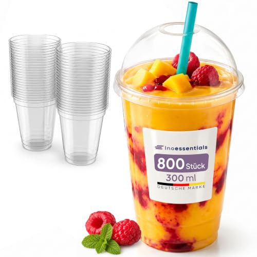 Inoverse 800 stycken smoothie-muggar To Go 300 ml, dessertkoppar, plastbägare för iskaffe, cocktail, bubbelte med kupolock med hål
