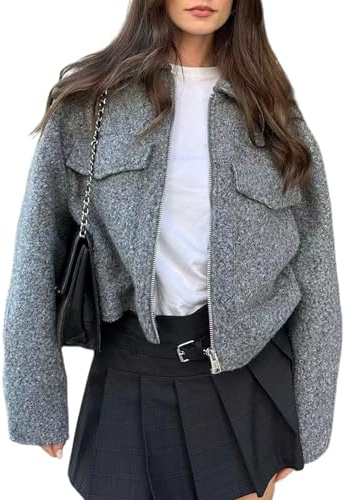 Wyeysyt Wool Coats for Women Lapel Zip Up Copped Bomber Jacket Outerwear with Pockets 2025 (Grey-M)