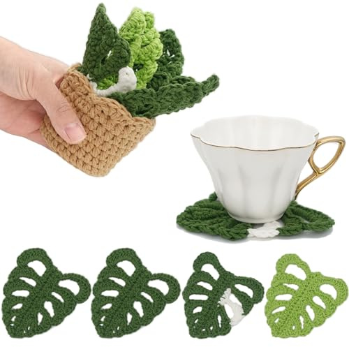 DICHA Monstera Crochet Coasters with Plant Pot-Container Beverage Coaster Sets with Holder Bar Coasters for Drinks Coffee Table Desk-Succulent Plant Pot Coaster-Set of 5