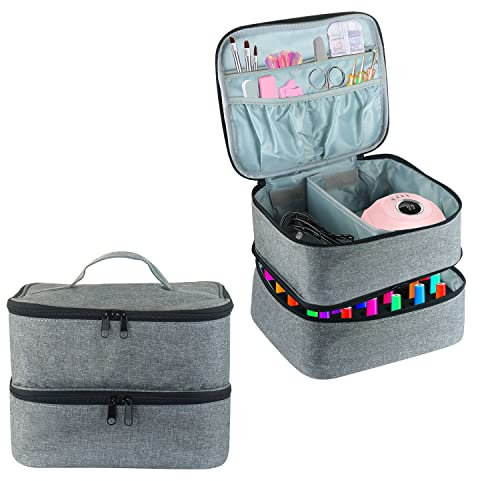 Nail Polish Carrying Case, Double-Layer Nail Polish Storage Bag- Fits Nail Dryer Lamp and 30 Bottles(15ml/0.5 fl.oz), Organizer Bag with Adjustable Dividers for Manicure Set (Grey)