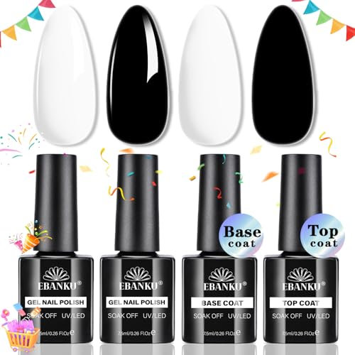 EBANKU Base y Top Coat Semipermanente, 4PCS Top coat y Base Coat con Negro Blanco Esmaltes Pintauñas Semipermanentes para Uñas Kit Soak off UV LED Esmalte de Gel Set Para Manicura y Pedicura