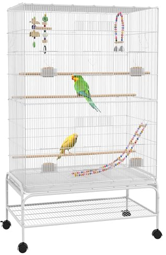 PawHut Large Bird Cage Budgie Cage with Stand, Toys, Wheels, Accessories, Storage Shelf for Canaries, Finches, Lovebirds, Parakeets - White, 79 x 49 x 133 cm