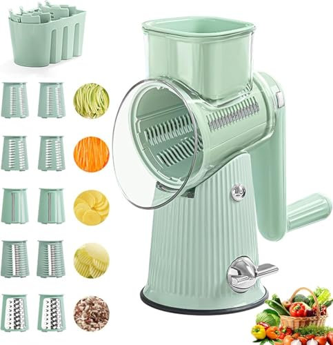 Käsereibe, Gemüsehobel mit 10 Austauschbaren Klingen und Griff und Aufbewahrungsbox, Reibe für Gemüse mit Kurbel für Kartoffeln, Karotten, Käse, Schokolade, Gemüse, Obst, usw