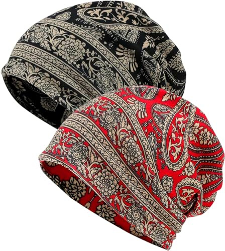 XYIYI Womens Chemo Headwear Hats Cotton Slouchy Beanie Cap Scarf (2pcs Flower Cashew Black Red)