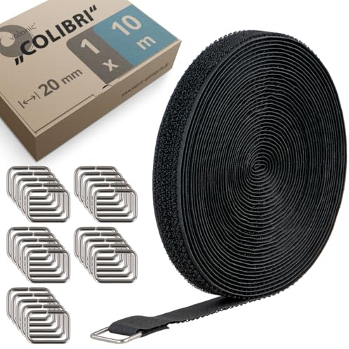 valonic COLIBRI - cinta velcro resistente, 10 m, 20 mm, incluye 25 anillas metálicas, negro, bridas para cable, cierre