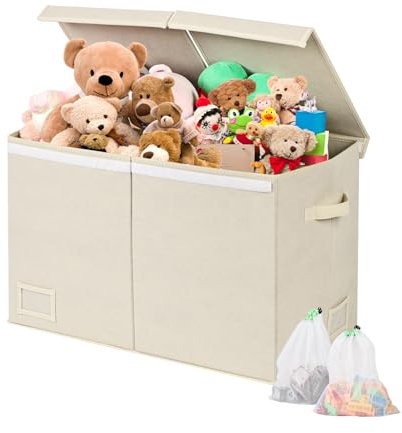 KR KITCHENRAKU Toy Storage Box for Boys Girls, Large Storage Chest with Lid and Label Holders, Foldable Cloth Storage Bin for Wardrobe, Kids Bedroom & Playroom Soft Toy Storage (Beige)