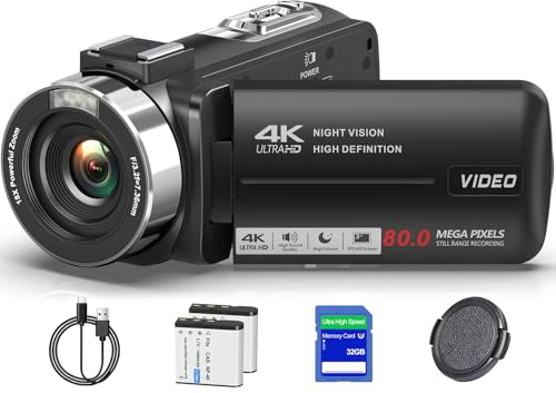 LUKPOW Caméscope vidéo 4K Ultra 80 MP Vision nocturne IR Caméra de vlogging pour YouTube, zoom numérique 18x, enregistreur, écran IPS HD 3 avec carte SD de 32 Go, bouchon d'objectif et 2 piles