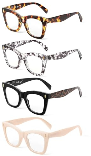 JM 4 Pack Gafas de Lectura para Mujer, Cuadrado Moda Grande Ojo de Gato Gafas Presbicia Luz Azul Lectores +2.0