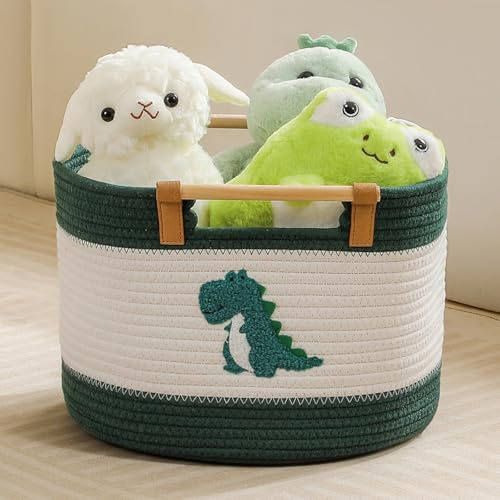 Cesto portaoggetti in corda di cotone con motivo dinosauro ricamato, Cesti in corda di cotone per giocattoli di peluche dei bambini, ripostiglio per la cameretta, cesti regalo vuoti per neonati